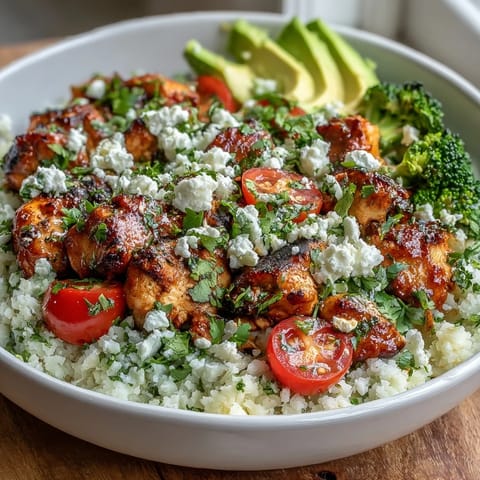 Freshly riced cauliflower forms the base of this vibrant Cauliflower Rice Bowl, topped with golden chicken, crisp broccoli, and creamy avocado slices.  