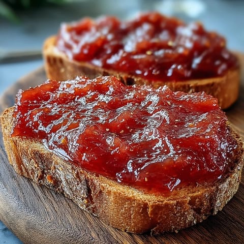Homemade Guava Preserves in a glass jar, spooned onto toasted bread with melted butter for a tropical breakfast.