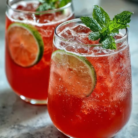 Two tall glasses of guava juice with sparkling water sit over ice, garnished with fresh mint and lime slices for a vibrant, tropical refreshment.
