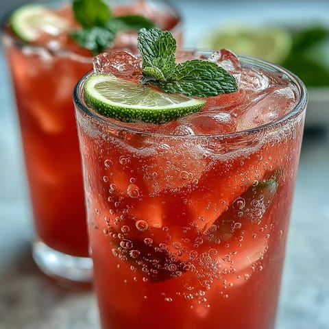 Guava juice with sparkling water is poured over ice in a glass, showing the effervescence and a lime slice garnish.