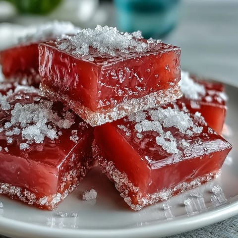 Homemade guava cheese fudge squares dusted with sugar on a wooden board with fresh lime and guava.