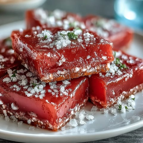 Jewel-toned guava cheese confection arranged in neat squares, next to a steaming teacup for serving.
