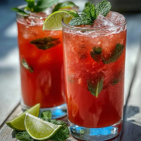 Chilled glass of homemade Guava Nectar Drink, garnished with fresh mint and a lime wedge.