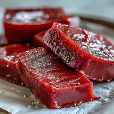 Thick, fragrant guava paste is spooned from a saucepan, showing its smooth texture during the cooking and stirring process.