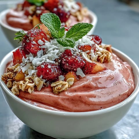 A vibrant Guava and Mango Smoothie Bowl topped with granola and fresh berries, ready for a refreshing tropical breakfast.