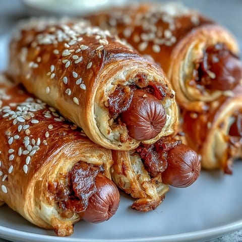 Bite-sized hot dogs wrapped in crescent dough, baked until golden, served with ketchup and mustard.