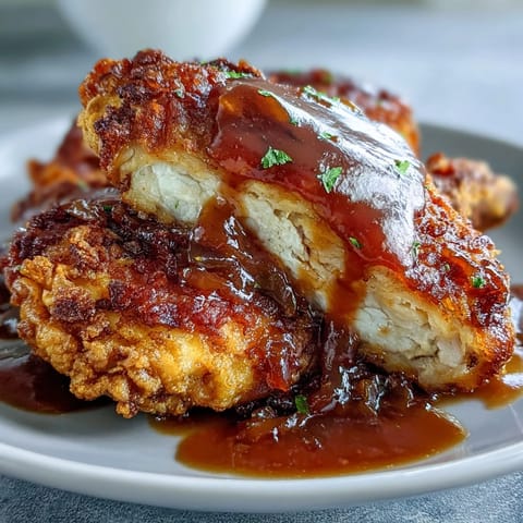 Soul Food Smothered Chicken with Onion Gravy, golden chicken pieces in a savory onion gravy.