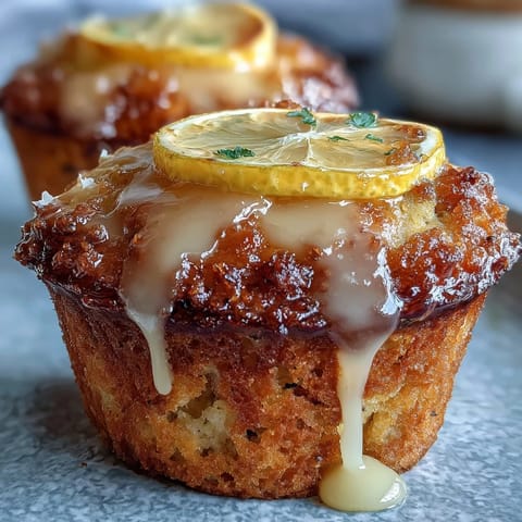 Golden muffins bursting with lemon zest and poppy seeds, topped with a sweet drizzle, perfect for a sunny morning treat.