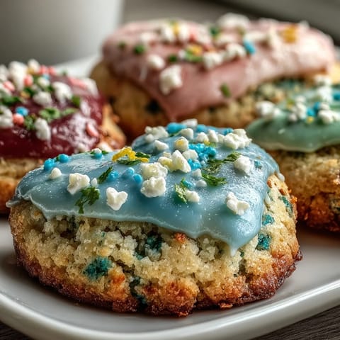 Soft, citrusy cookies topped with colorful pastel glaze, ideal for spring brunches and festive dessert trays.