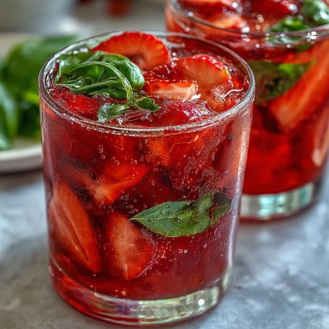 A vibrant pitcher of strawberry basil sangria mocktail with fresh fruit slices and herbs.