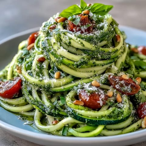 Fresh zucchini noodles tossed with basil pesto and juicy cherry tomatoes, a light and healthy vegetarian meal perfect for summer.  