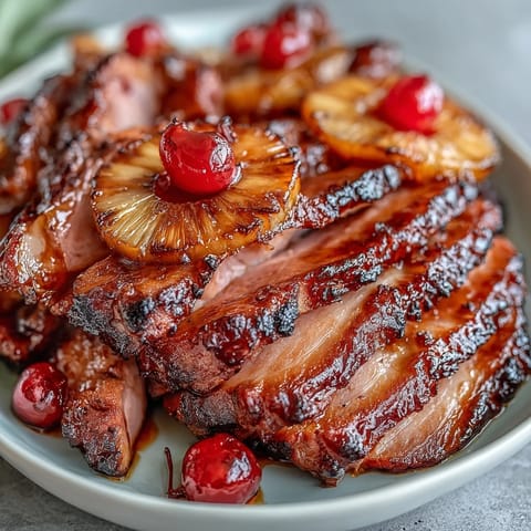 A festive Honey Glazed Ham with Pineapple slices and cherries, offering a sweet and savory centerpiece for any holiday table.