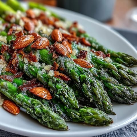 Vibrant asparagus spears glistening with lemon butter, topped with toasted almonds for a fresh, crunchy side dish.