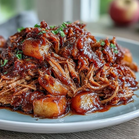 Slow-cooked honey peach BBQ pulled pork, tender and juicy, served on a soft bun with fresh peach slices.