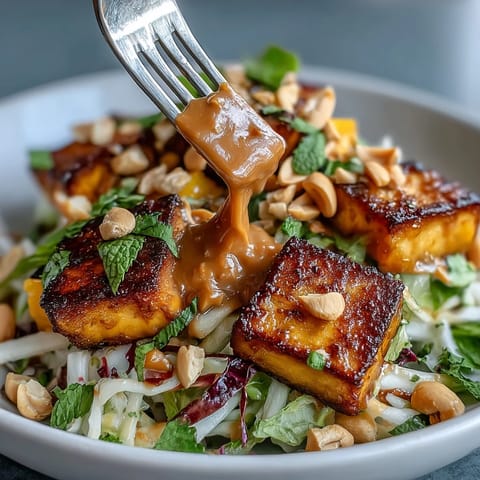 Vibrant Thai mango salad with crispy tofu and creamy peanut sauce, featuring colorful veggies and fresh herbs.  