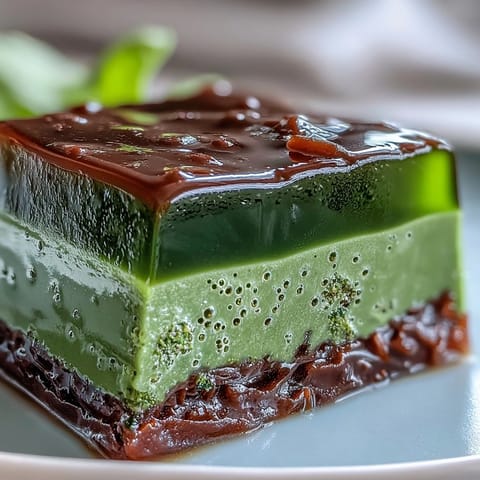 A slice of yokan Japanese red bean jelly with a vibrant matcha green tea layer, delicately set and ready to serve.