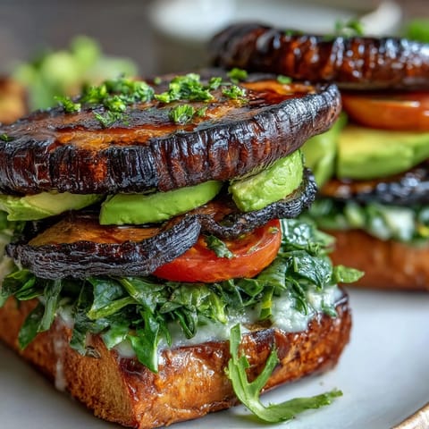 Hearty grilled portobello mushroom burgers, a satisfying vegetarian delight perfect for cookouts.