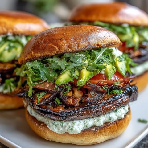 Juicy grilled portobello mushroom burgers stacked high with creamy avocado, ready to devour.