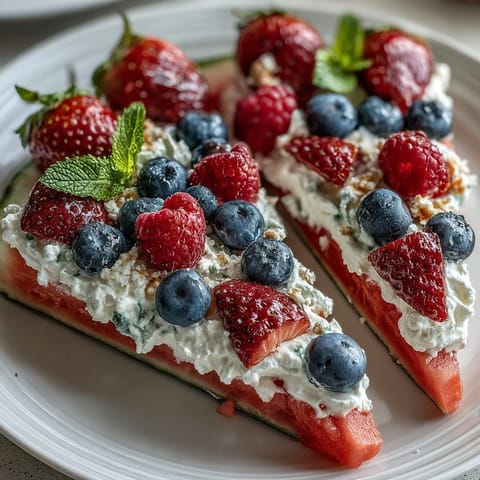 Festive berry-topped watermelon pizza dessert, perfect for summer backyard parties.