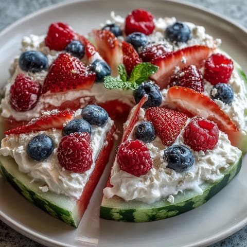 Bright 4th of July Watermelon Pizza bursting with fresh berries and sweet cream.