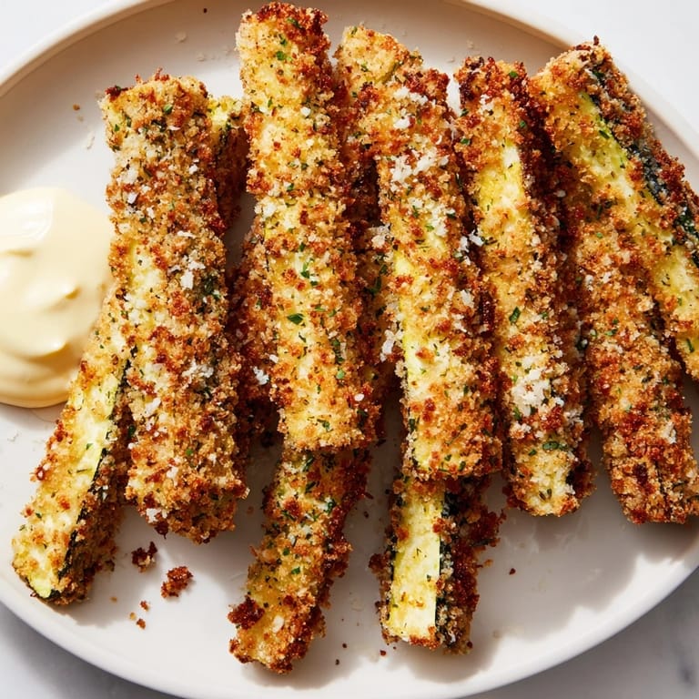 Freshly baked Parmesan zucchini fries, hot and crunchy, contrasted with a smooth, flavorful dipping sauce.