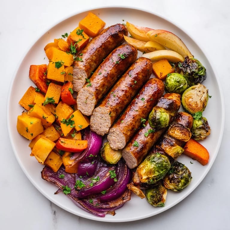 Golden-brown roasted vegetables and sausage atop a sheet pan: delicious Sheet Pan Sausage Medley.