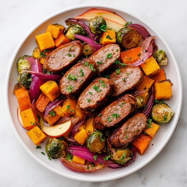 Tender Sheet Pan Sausage and Autumn Veggie Medley ready to serve: a flavorful, easy weeknight meal.