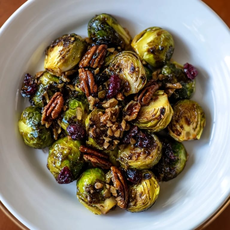 Golden-brown Winter Roasted Brussels Sprouts, caramelized with maple syrup, offering a delicious side dish.