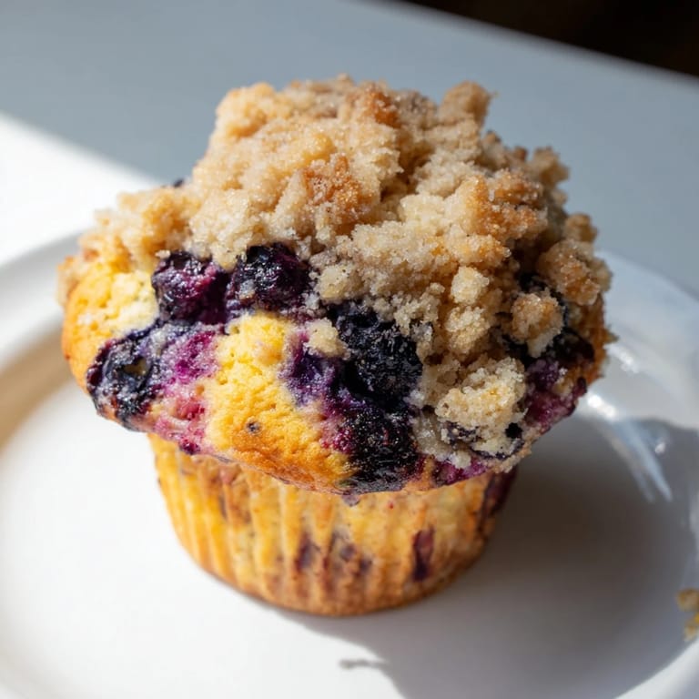 Freshly baked, beautifully domed blueberry muffins with crunchy streusel topping, perfect for breakfast.