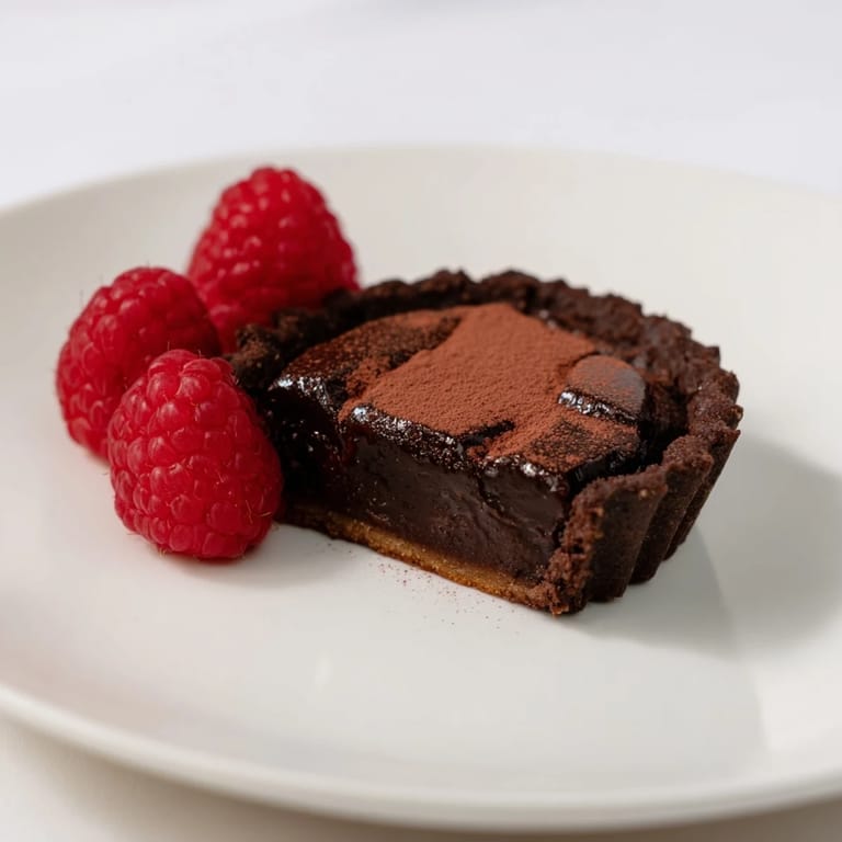 Crisp tart shell overflowing with a rich and fudgy dark chocolate brownie, ready to eat.