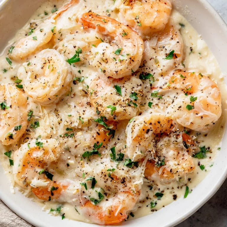 Tender shrimp in a rich garlic cream sauce, a beautiful image of the ultimate 20-minute Creamy Garlic Shrimp.