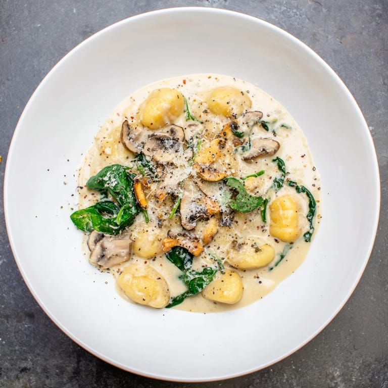 Close-up of golden One-Dish Creamy Mushroom and Spinach Gnocchi, ready and served with fresh Parmesan cheese.