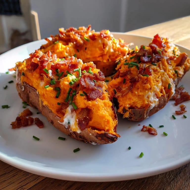 A close-up of delicious Loaded Sweet Potato Skins, revealing creamy filling and crunchy bacon pieces.