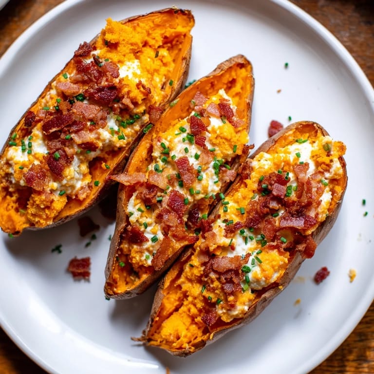 Warm, cheesy Loaded Sweet Potato Skins with a sprinkle of chives, perfect for sharing at a party.