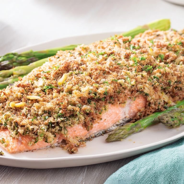 Golden-crusted Easy Herb-Crusted Salmon, served with roasted asparagus and bright lemon wedges ready to eat.