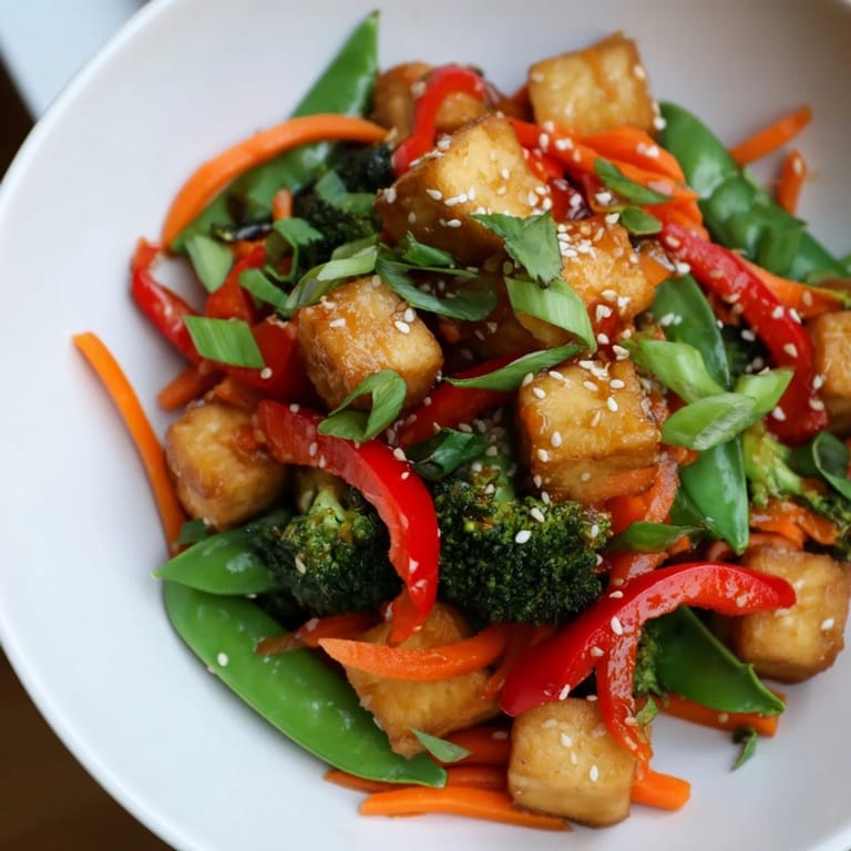 Vibrant Sesame Ginger Tofu Stir-Fry ready to eat, boasting fresh ingredients and savory sauce.