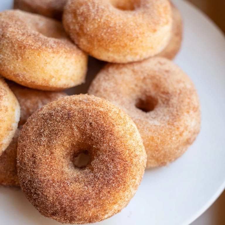 A close-up shot of freshly glazed cinnamon-sugar baked donuts, ready to be devoured with coffee.