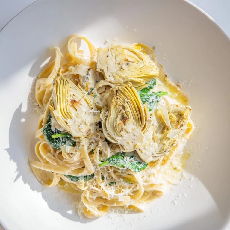 Close-up of al dente pasta with creamy sauce; our bright Lemon Artichoke Pasta looks delicious!