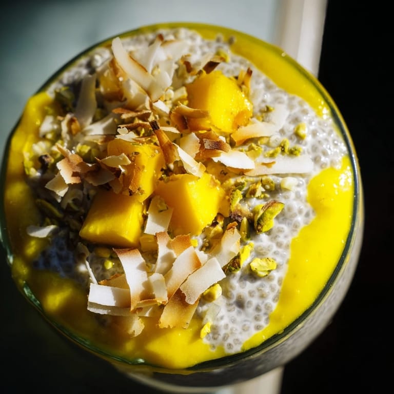 Vibrant photo of Mango Coconut Chia Pudding, showing the blended mango and thick chia pudding layers.