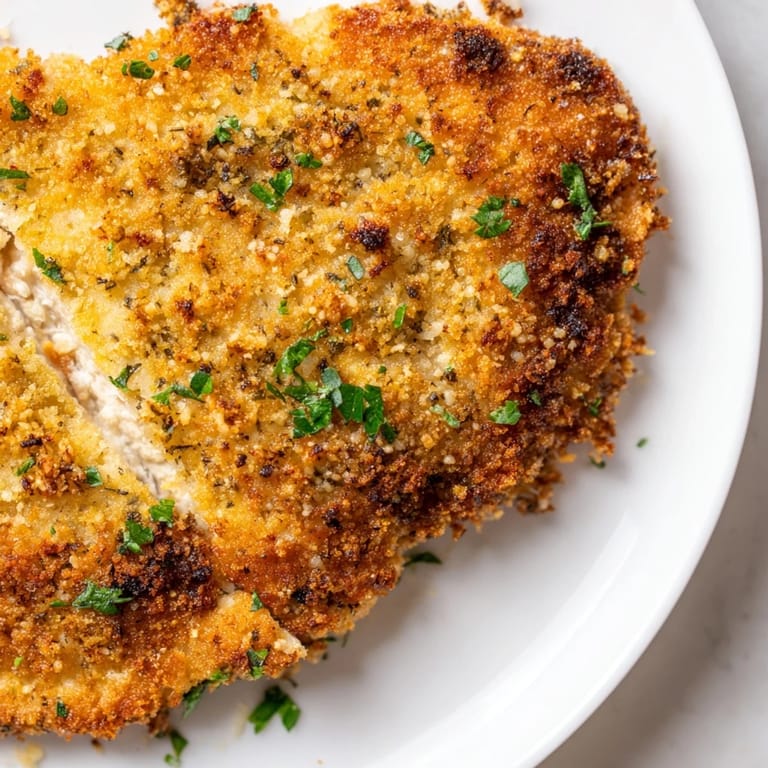 Mouthwatering image of baked crispy parmesan chicken cutlets, served with fresh parsley and lemon.