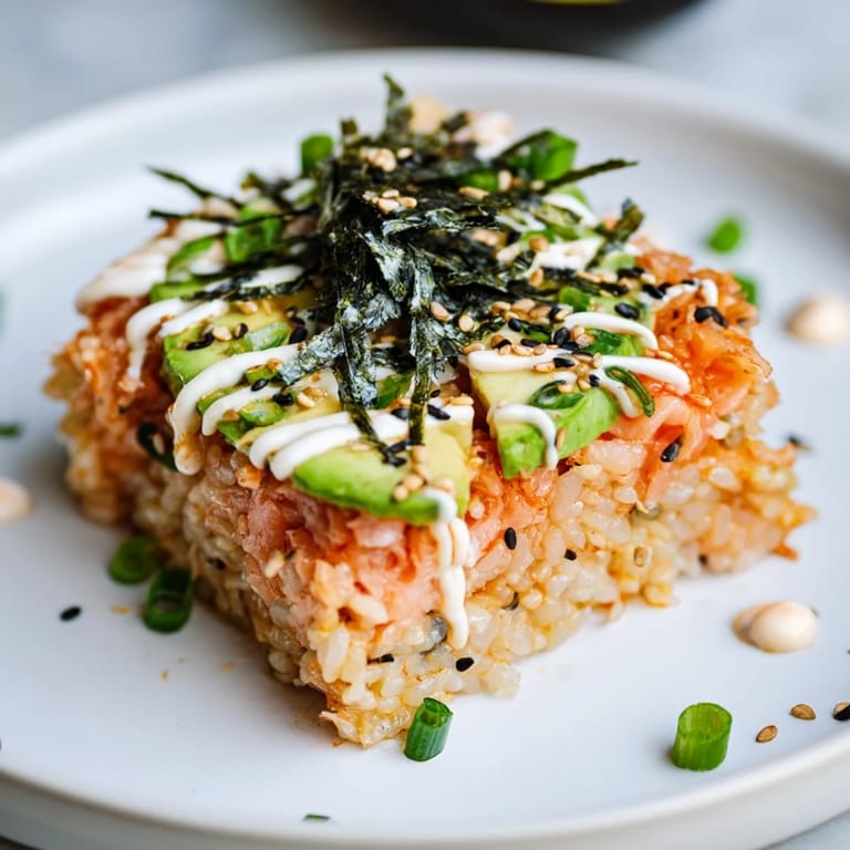 A beautifully layered Crispy Rice Salmon Stack with glistening salmon and a drizzle of spicy mayo.