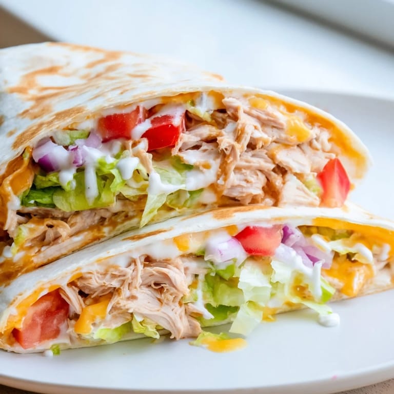 A folded Buffalo Chicken Wrap, showcasing layers of creamy cheese, spicy chicken, and crisp vegetables.