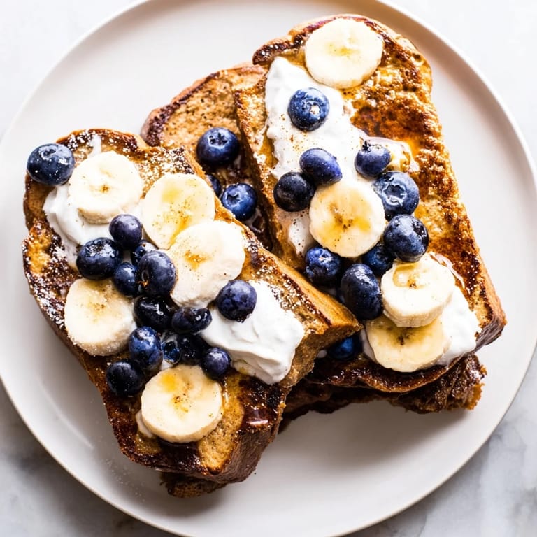 Fluffy slices of protein French toast, fragrant with cinnamon, with optional fresh fruit and syrup.