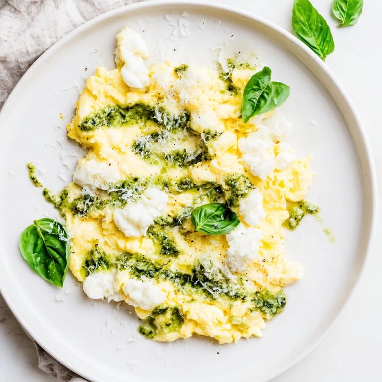 Delectable Pesto Cottage Cheese Eggs, gently scrambled and creamy, are enhanced by fragrant basil pesto and cottage cheese.