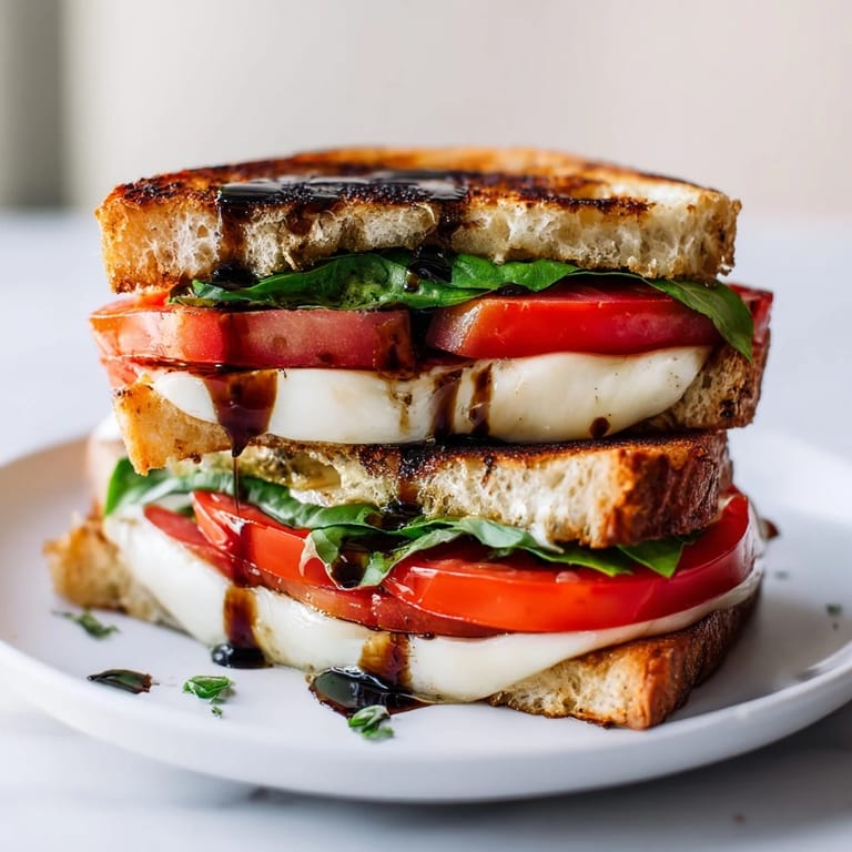 Sizzling grilled bread with vibrant Caprese Salad Grilled Cheese slices, drizzled with sweet balsamic glaze.