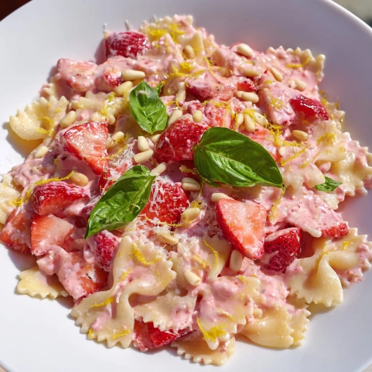 Creamy pink Strawberry Sour Cream Pasta beautifully coated, ready for serving on a plate.