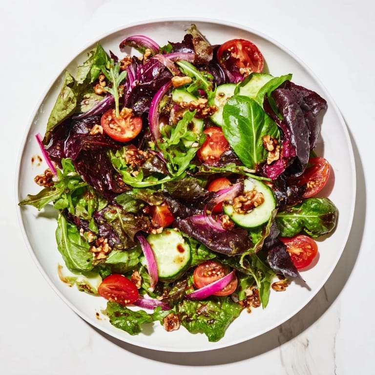 A close-up of Quick Balsamic Vinegar Salad features colorful vegetables coated in glossy, homemade balsamic dressing.