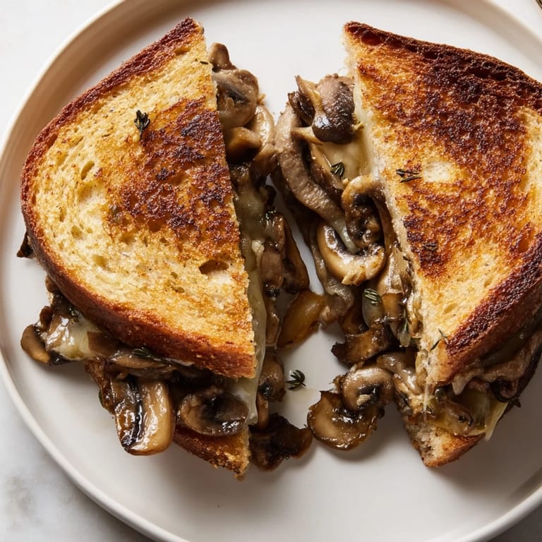 Close-up of a delicious creamy mushroom grilled cheese, showcasing the savory mushroom filling and melted cheese.
