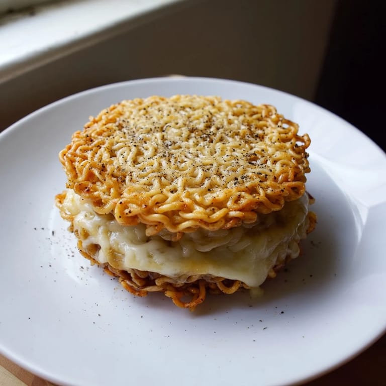 Close-up of a crispy, cheesy Ramen Grilled Cheese sandwich, a fun twist on a classic comfort food.