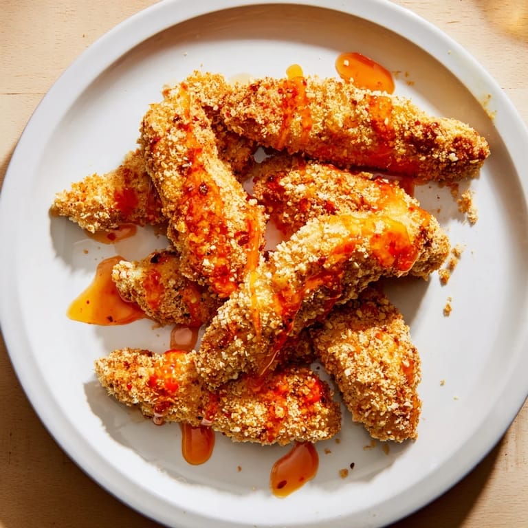Close-up of freshly cooked crispy panko chicken tenders, showcasing the flavorful hot honey glaze.